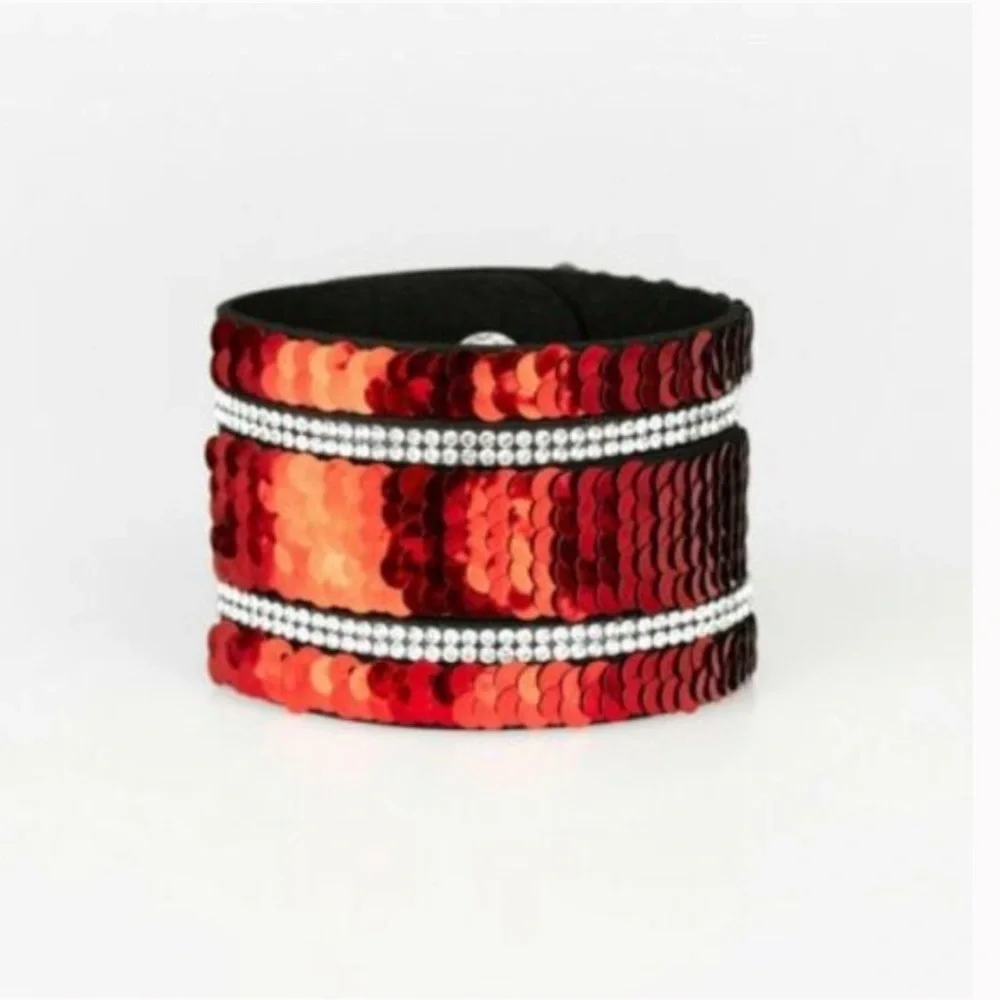 Row After Row 2” Blinding Red Sequins & 2 Rows Rhinestones Adjustable Bracelet